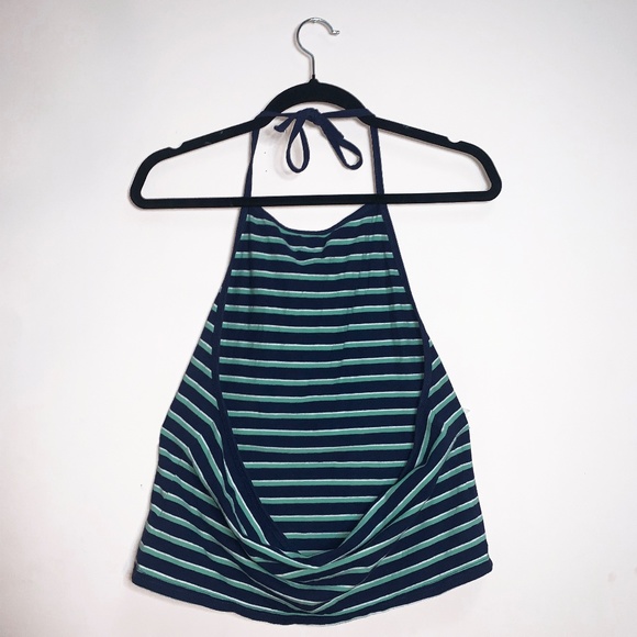 Navy, Seagreen and White Striped Halter Top - Picture 2 of 6
